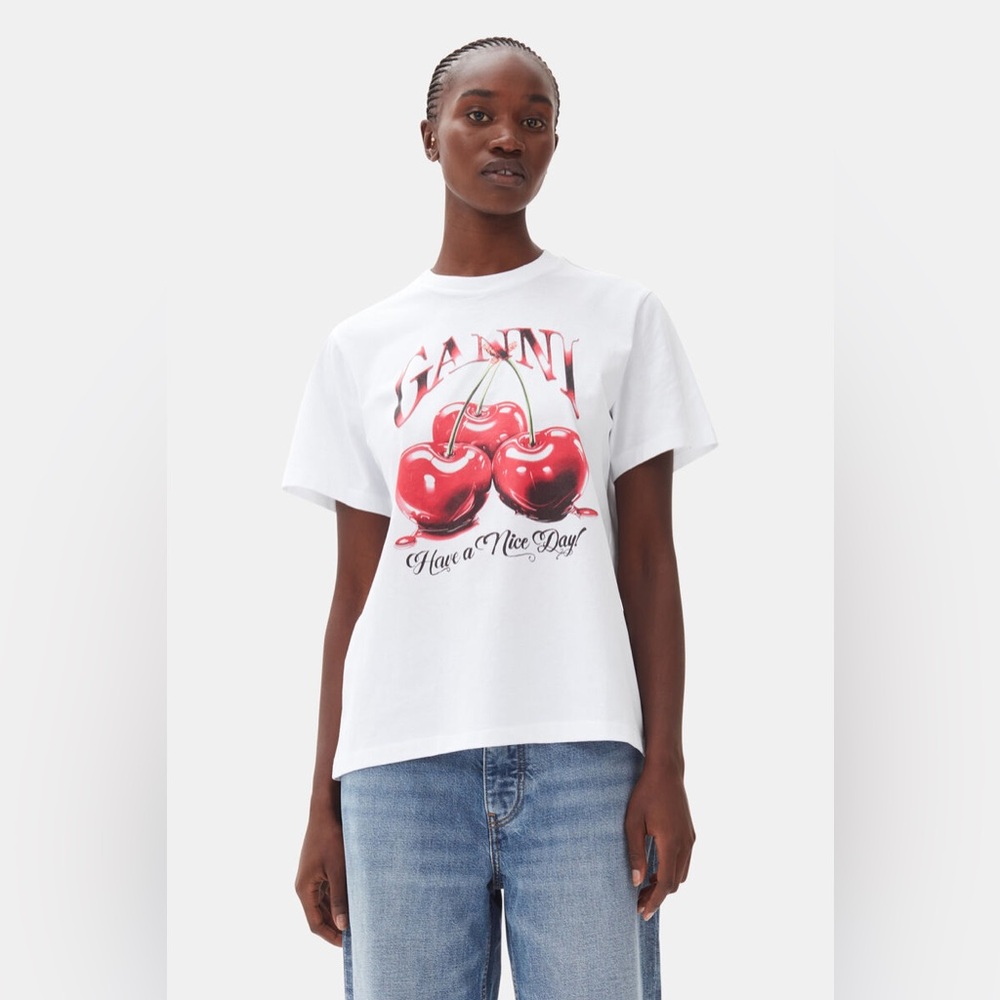 Ganni White Basic Jersey Cherry Relaxed T-shirt